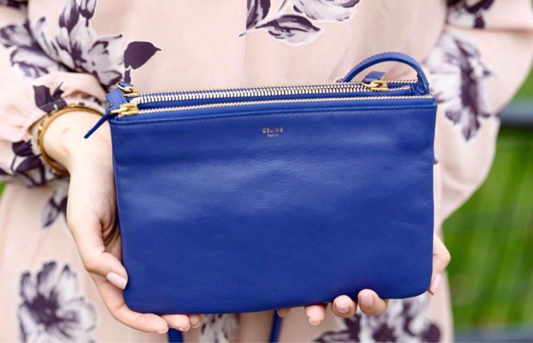 Authentic Celine Trio Crossbody Sling Bag in Cobalt Blue with Gold