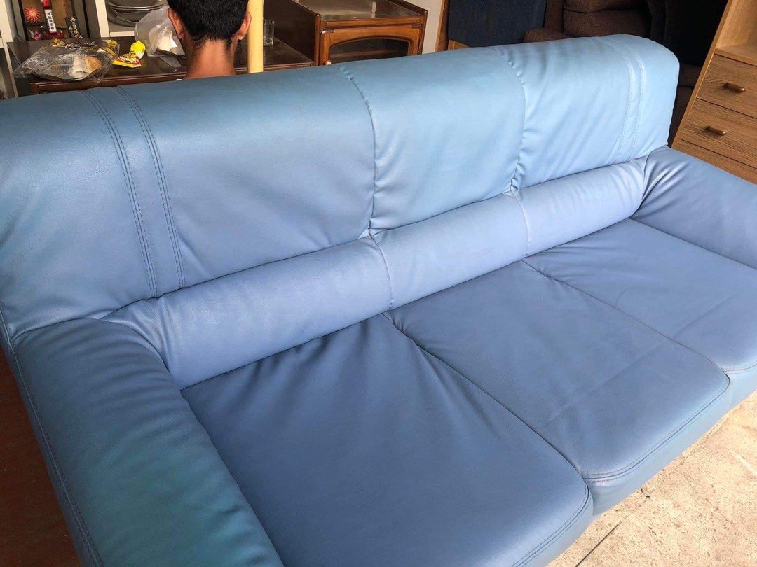 Blue 3 To 4 Seater Leather Sofa, Furniture & Home Living, Furniture, Sofas  On Carousell
