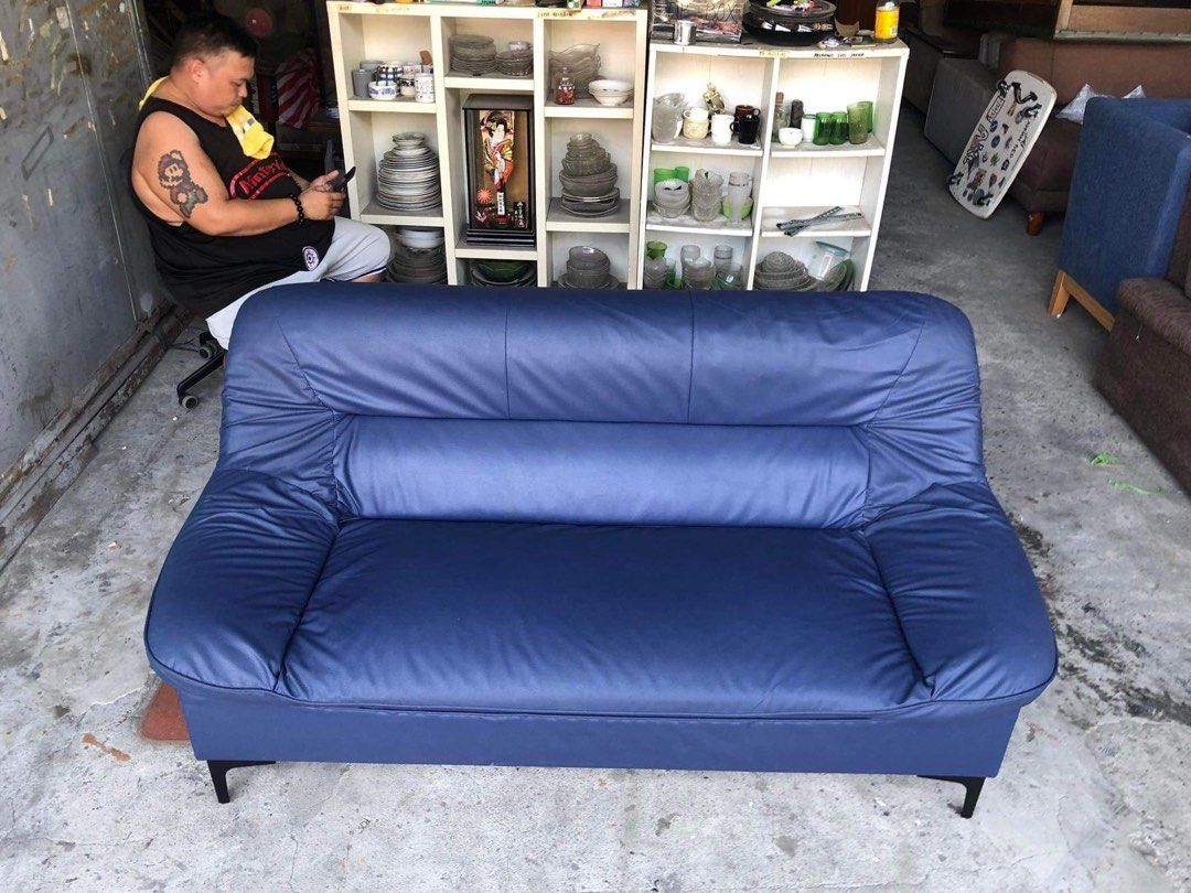 Blue leather Sofa, Furniture & Home Living, Furniture, Sofas on Carousell