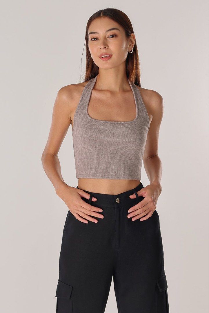 ANNETTE REVERSIBLE PADDED RIBBED TOP - CROPPED (GUNMETAL)