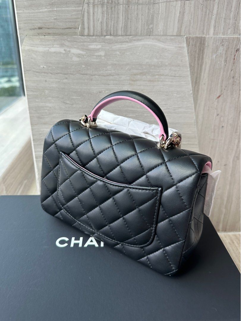 Chanel 23P Black / Pink Lambskin Top Handle Mini with Champagne Gold  Hardware. 