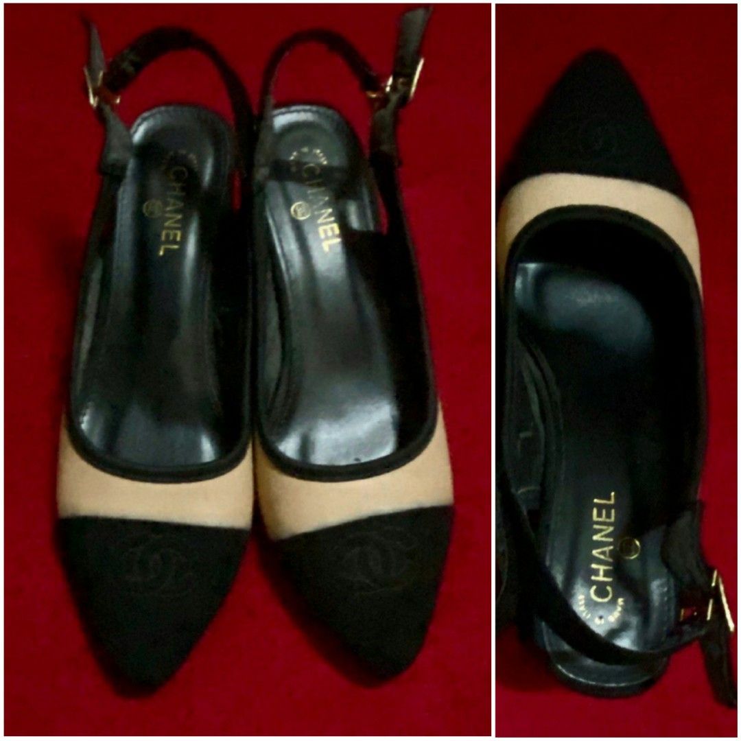 Chanel slingback heels in gold and black, Women's Fashion, Footwear, Heels  on Carousell