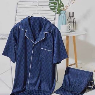 Classy Navy Blue Satin Patterned Pajamas Set