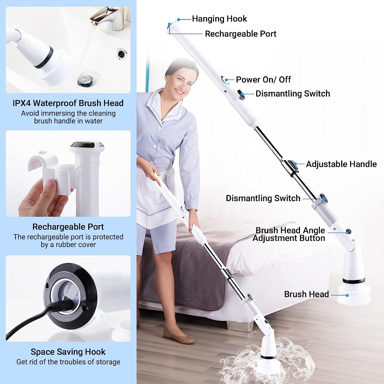Electric Rotary Scrubber Cleaning Brush, Long Handle Shower Scrubber,  Bathtub Tile Scrubber With 6 Replaceable Brush Heads, 90-120 Minute Running  Time Full Floor Bathroom Scrubber