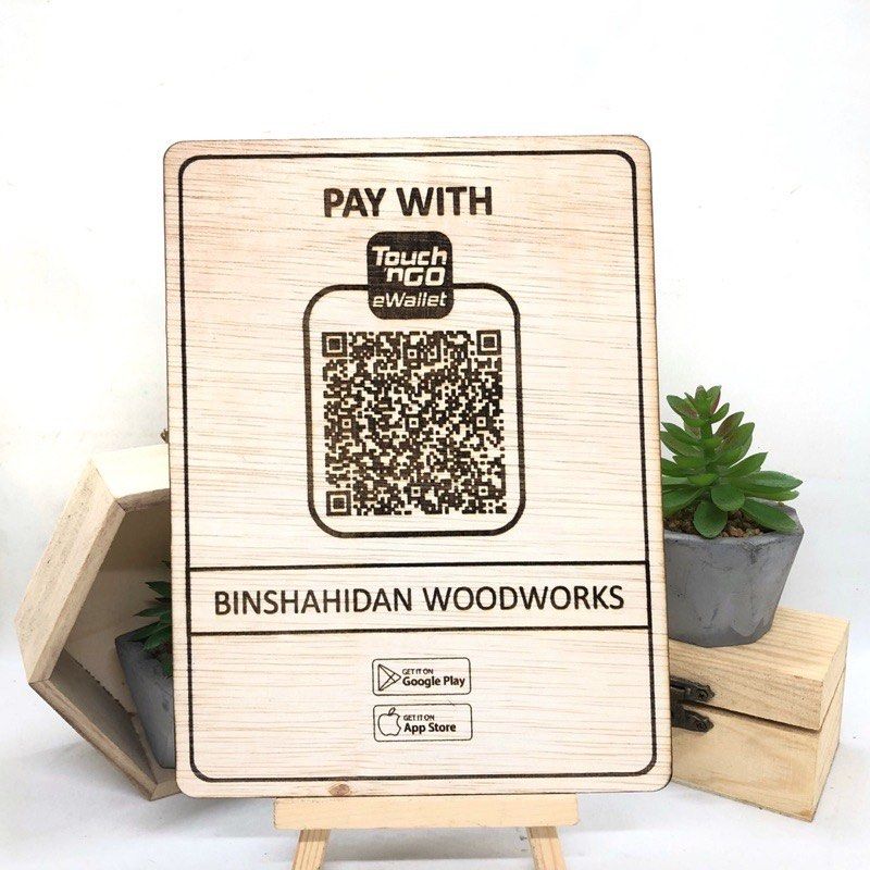 Custom engrave QR code e wallet ply wood with stand MAE TNG GRAB QRPAY