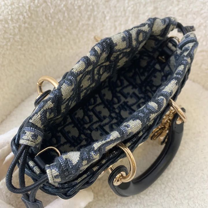 Mini Lady Dior Bag Natural Wicker and Blue Dior Oblique Jacquard
