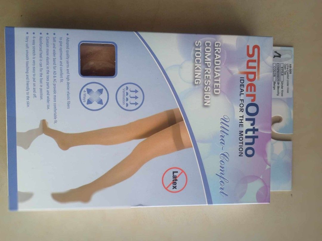 Graduated Compression Stockings (Category: Braces, Support & Protection) located in Quezon City. Submitted by pjfalogme21 (Listing ID 1241331132, Image 3). Description: Type: Open Toe Color: Beige Compression: 20-30mmHg Available for pick up and delivery. Same day delivery within Metro Manila and nearby provinces. We accept COD, Bank Transfer, and Gcash payment. Pm for more details..