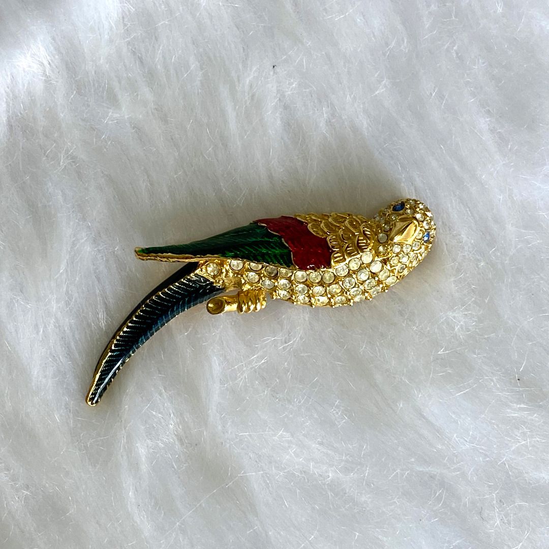 Japan Vintage Gold Tone Multicolor Rhinestones Bird Brooch