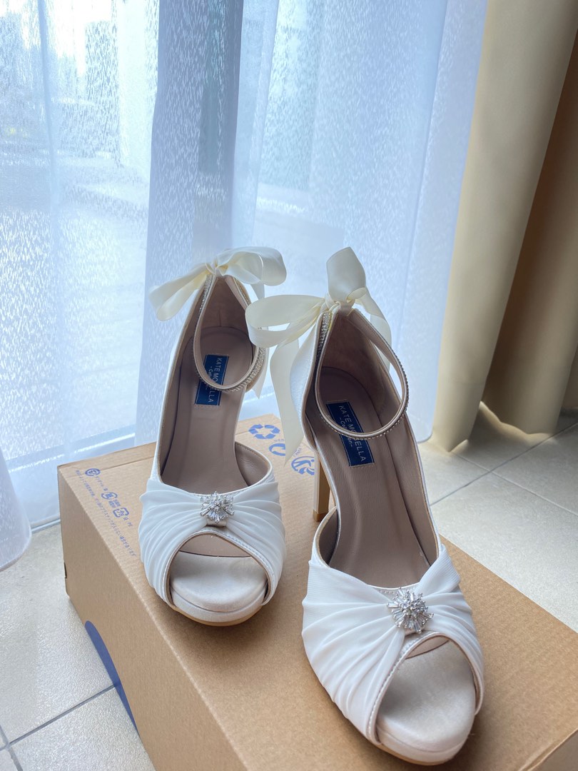 Ivory satin peep shop toe wedding shoes