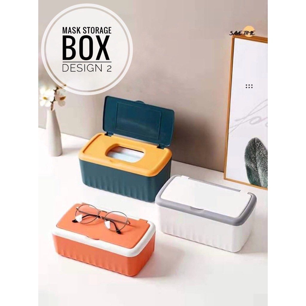 Mask and Tissue Storage Box Organizer (Category: Storage Boxes & Baskets) located in Rizal. Submitted by czarinashop (Listing ID 1241301778, Image 3). Description: Can be used as a face mask or tissue storage box Color: White and gray Removable cover 2pcs available stocks.