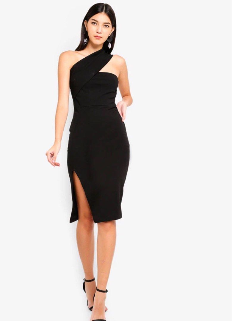 open lace back dress One Shoulder Twist Solid Black Midi Dress M