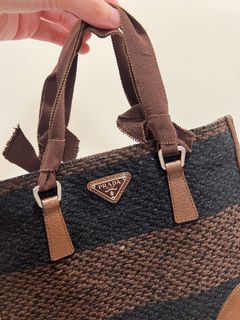 PRADA 正品 三角鐵牌復古編織手提袋 棕色 深藍 vintage y2k 手提包 迷你 可愛 古董包 毛呢 緞帶