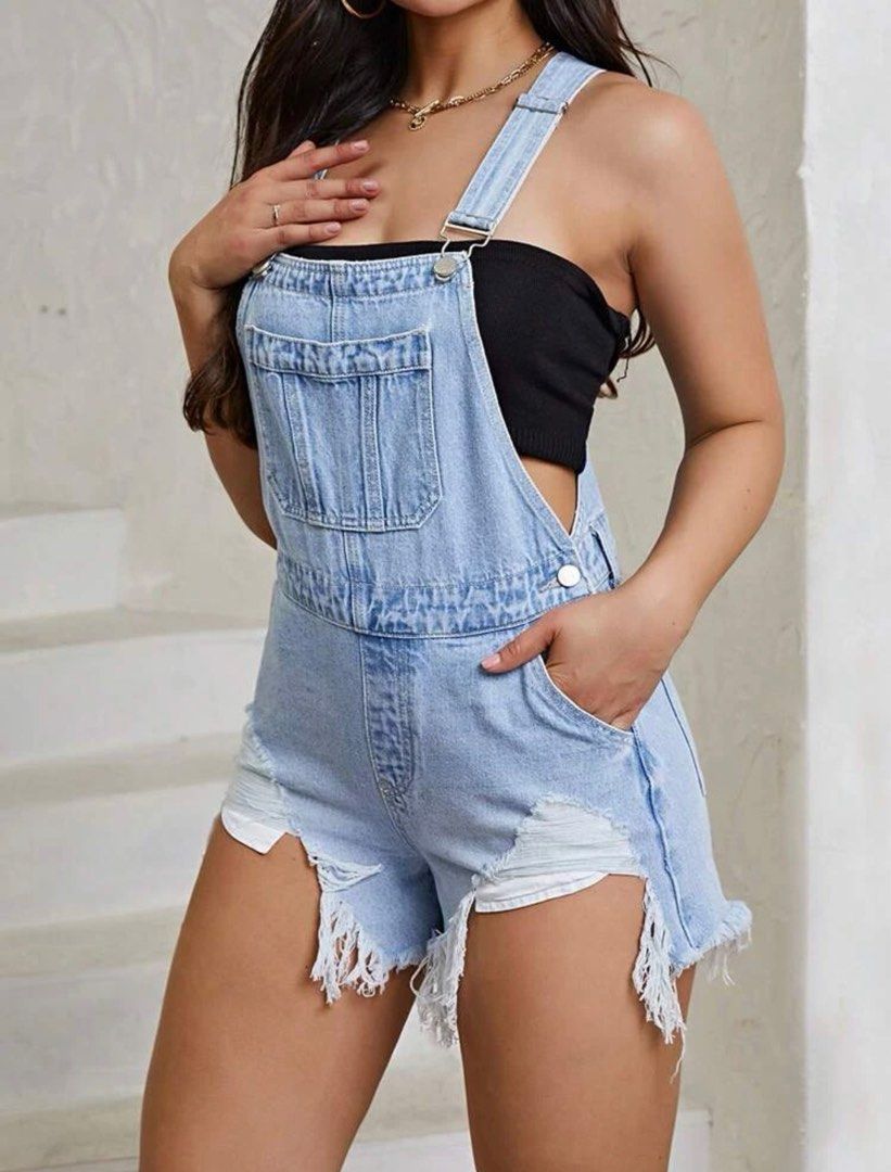 Ripped Denim Short Overalls