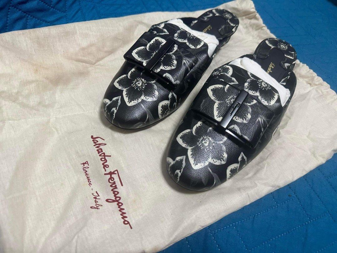Salvatore Ferragamo Sciacca Womens Black and White Floral Leather Mules Luxury Sneakers Footwear on Carousell