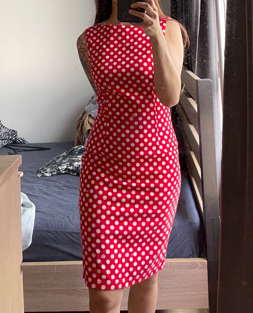 Red polka dot bodycon dress sales