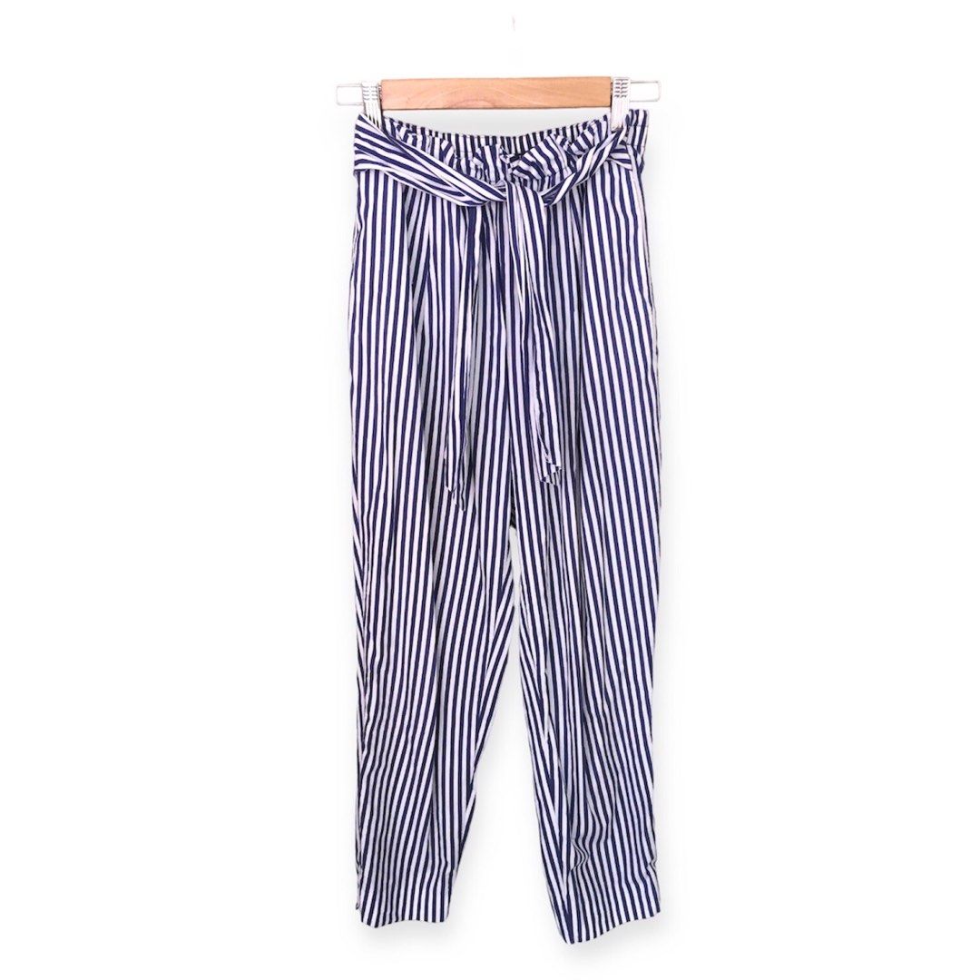 ZARA - Striped Blue & White Paperbag Trousers Pants, Women's