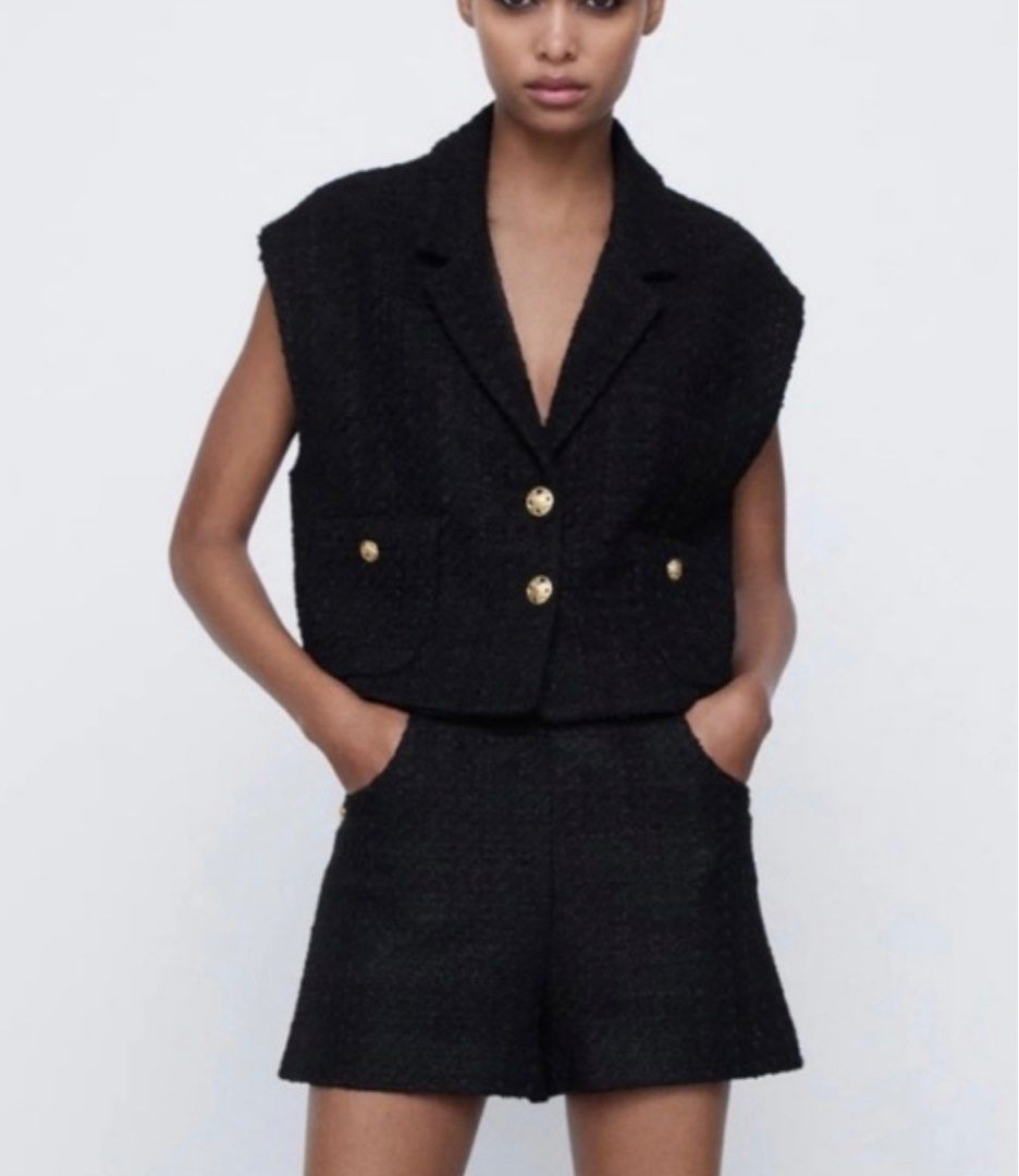 ZARA black crop sleeveless tweed vest jacket and pants set