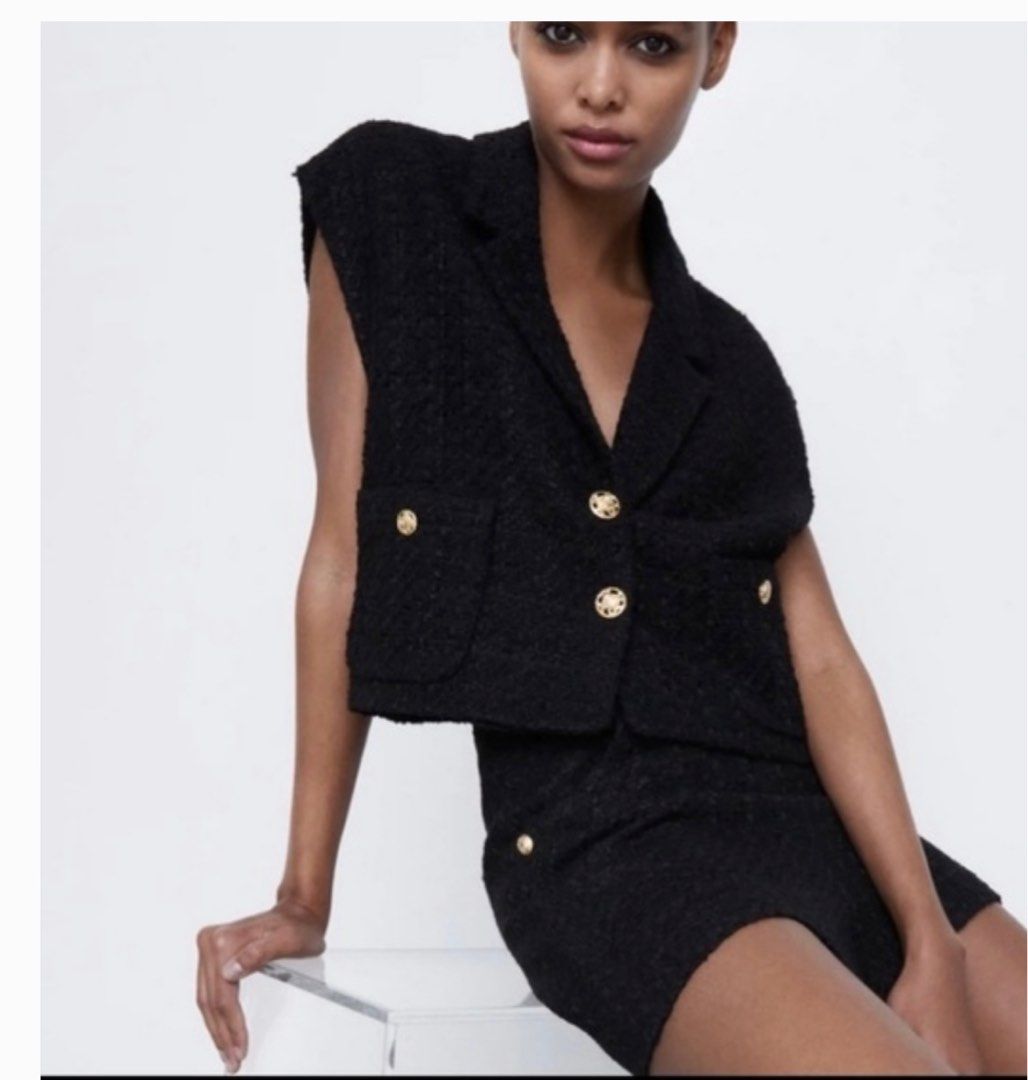 ZARA black crop sleeveless tweed vest jacket and pants set