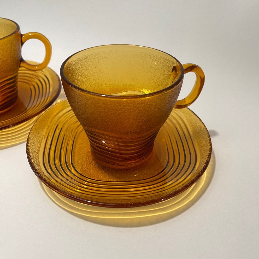 Reserved 2 Vintage Duralex France Coffee Tea Cups And Saucers Amber Glass Furniture And Home 2923