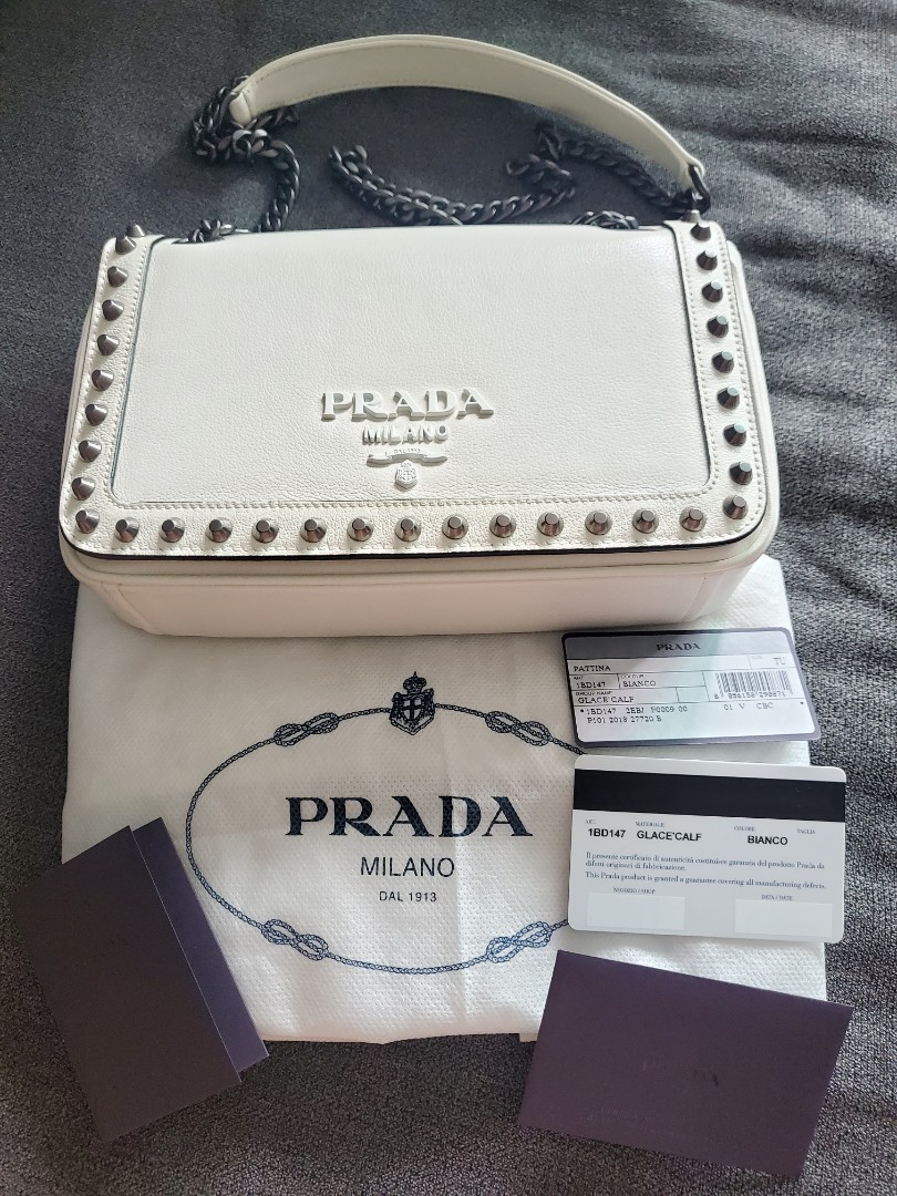 Prada White Glace Leather Studded Trim Crossbody Handbag 1BD147