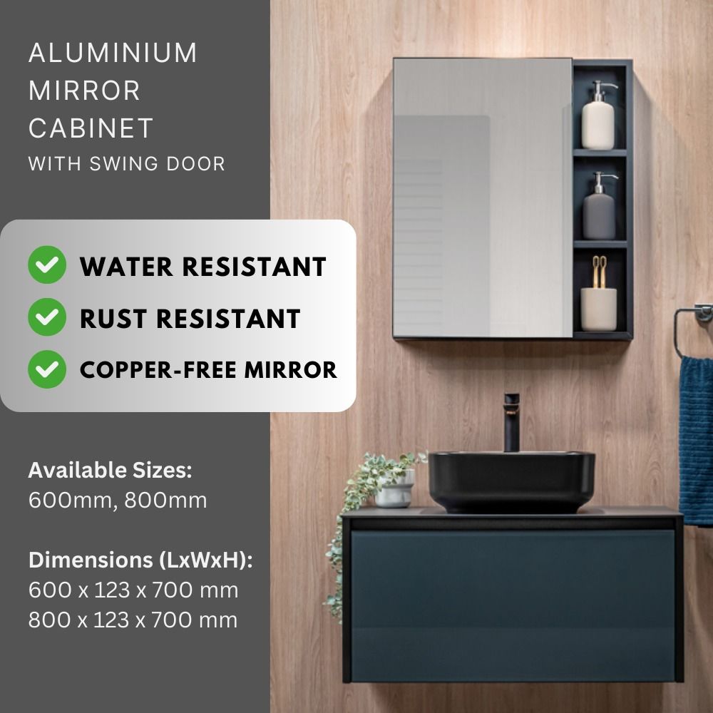 Aluminium Bathroom Mirror Cabinet with Swing Door + Side Display on ...