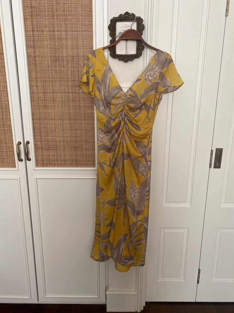 mango printed satin dress yellow Mango halterneck satin midi dress in yellow