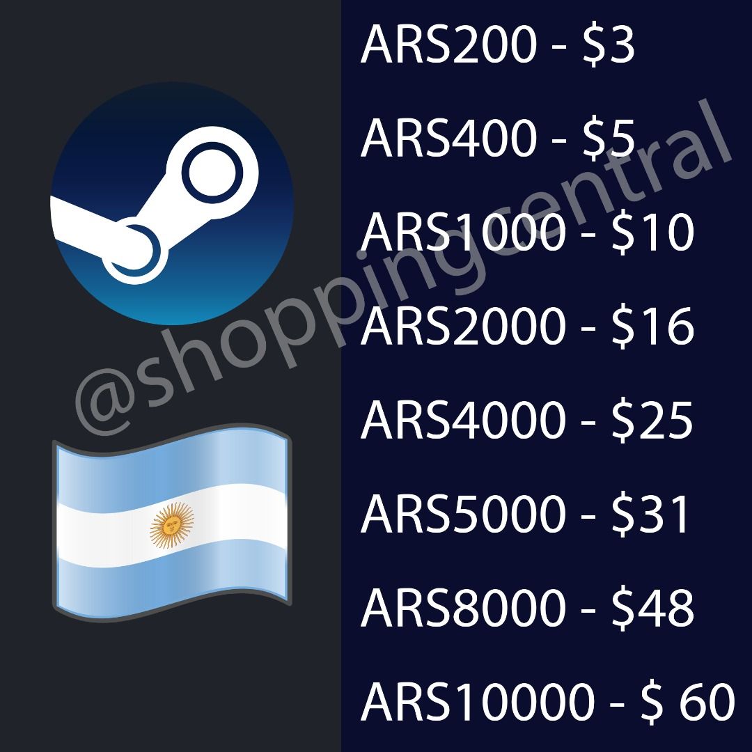 Steam wallet gift cards Argentina , Video Gaming, Gaming Accessories, Game  Gift Cards & Accounts on Carousell