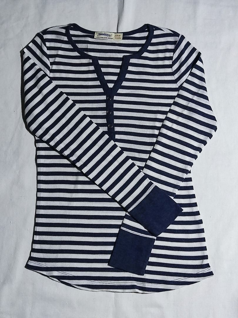 Faded Glory Blue White Striped Waffle Long Sleeves M Women s