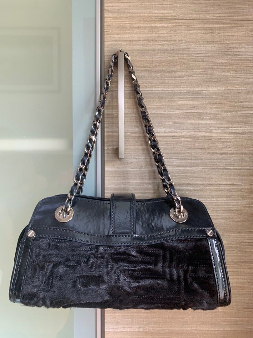 Gianni Versace Black Patent Leather with Fur Shoulder Bag