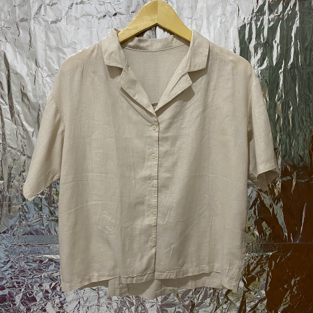 GU Uniqlo bowling shirt kemeja linen abu muda on Carousell