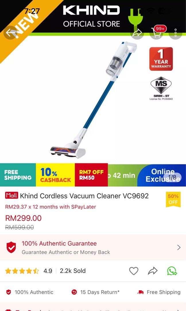 KHIND CORDLESS VACUUM CLEANER VC9692, TV & Home Appliances, Vacuum
