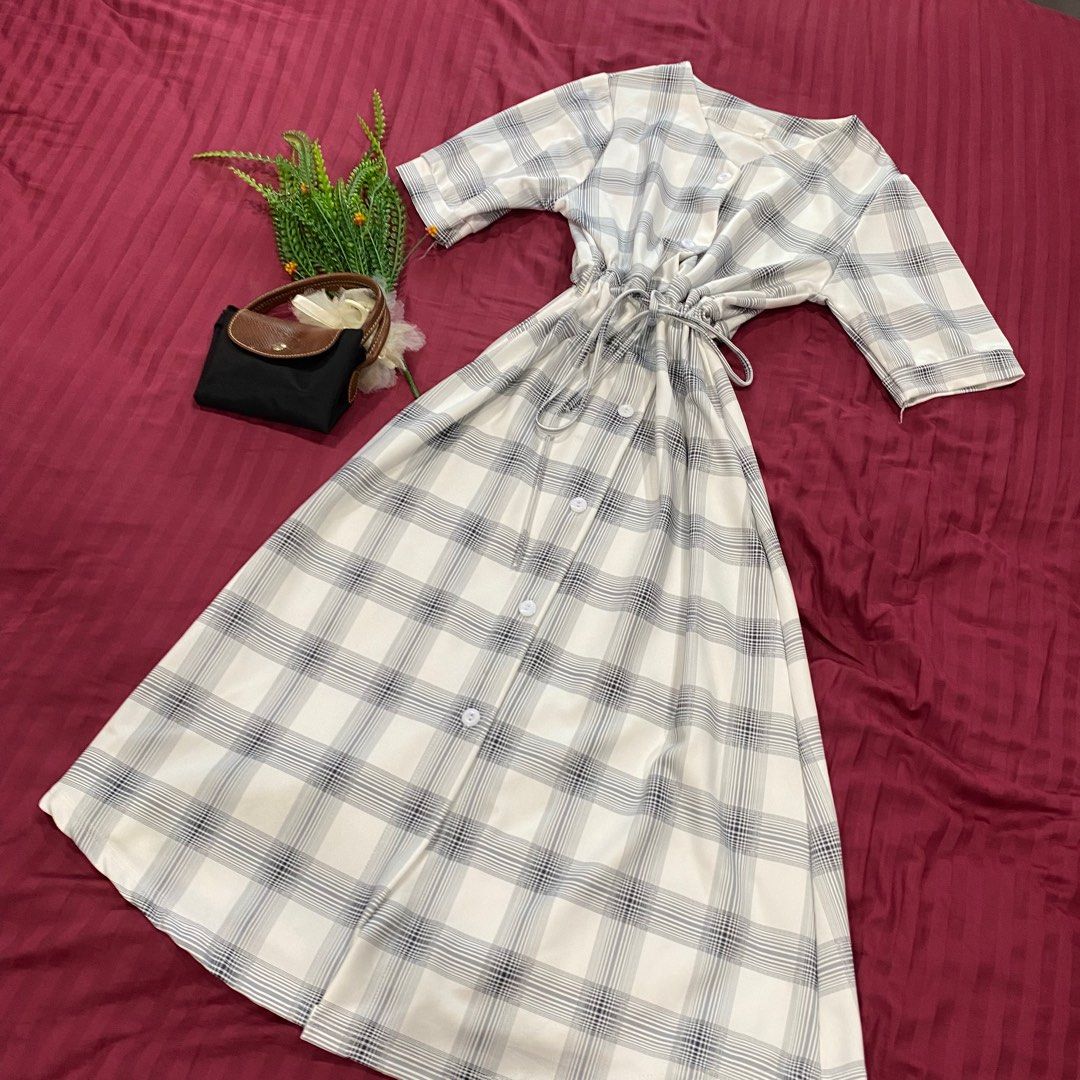Korea style checked button long dress_ Maxi dress_ Casual dress_ Baju_ Grey  blue plaid long dress, Women's Fashion, Dresses & Sets, Dresses on Carousell