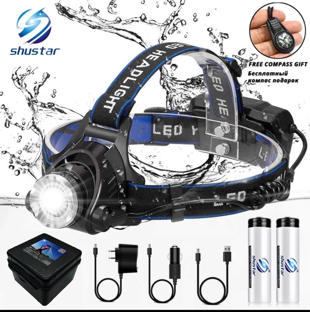 LED Headlamp Fishing Headlight L2 with 3 Modes Zoomable Waterproof Super  bright camping light Powered by 2x18650 batteries, Sports Equipment, Other  Sports Equipment and Supplies on Carousell