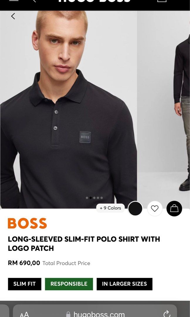 BOSS - Long-sleeved slim-fit polo shirt with logo patch