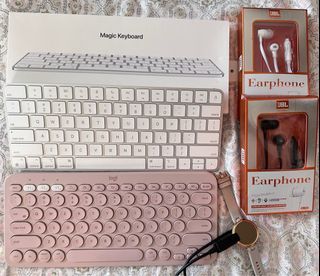 Mac Magic Keyboard, Logitech Wireless Keyboard, JBL Earphones, Lily Garmin