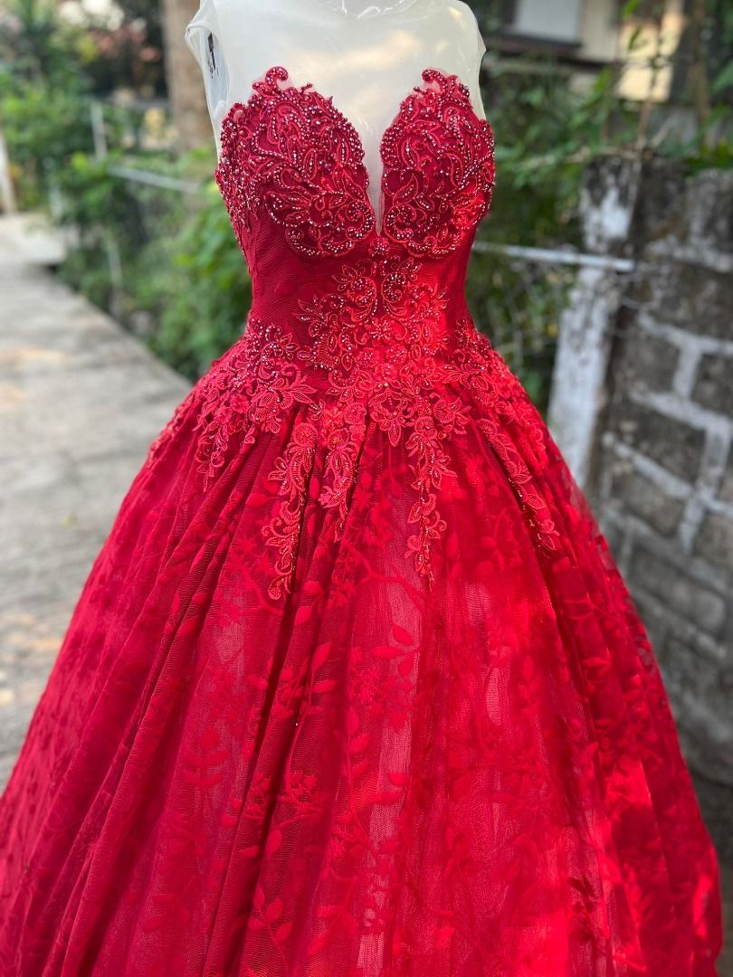 Deep red ball gown shop