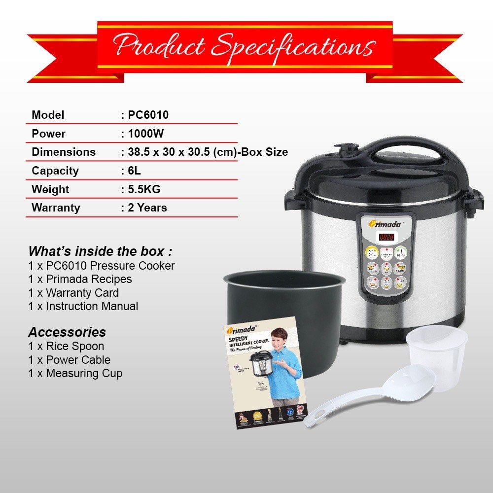 Brand New Primada 6 Litres Pressure Cooker PC6010 TV Home