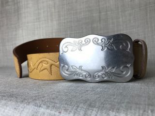 RL Classic Engraved Silver Leaf Scrolls Native American Cowboy Plate Buckle Concho Leather Belt