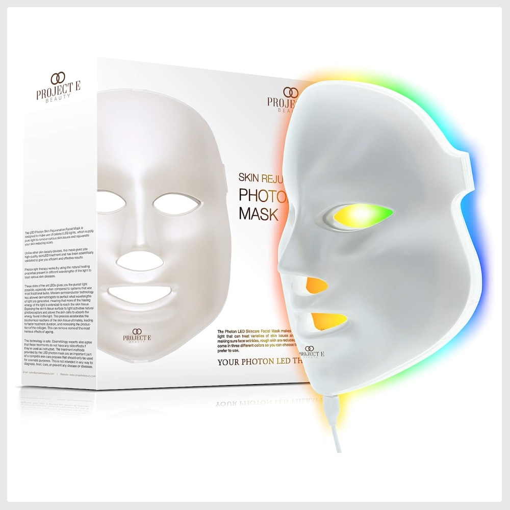 Skin Rejuvenation Photon Mask by Project E Beauty, 7-Color LED Face Mask, Red & Blue LED Light Therapy, Anti-Aging & Anti-Blemish, Erase Wrinkles, Spa Quality Facial