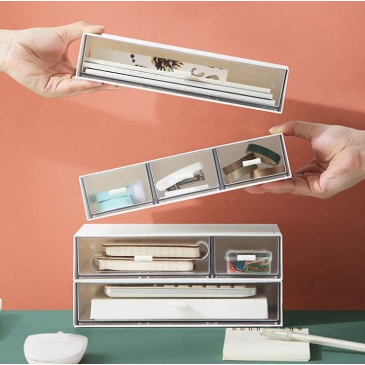Stackable Desk Drawer Organizer Stationary Organizer (Per PC) (Category: Storage Boxes & Baskets) located in Manila. Submitted by winterbliss (Listing ID 1241435092, Image 3). Description: Available Color: White, Coral Materials: ABS Plastic Size: Regular: L:22.7cm H:4.3cm W:16.5cm Thick: L:22.8cm H:10cm W:16.5cm Weight: ~428g.