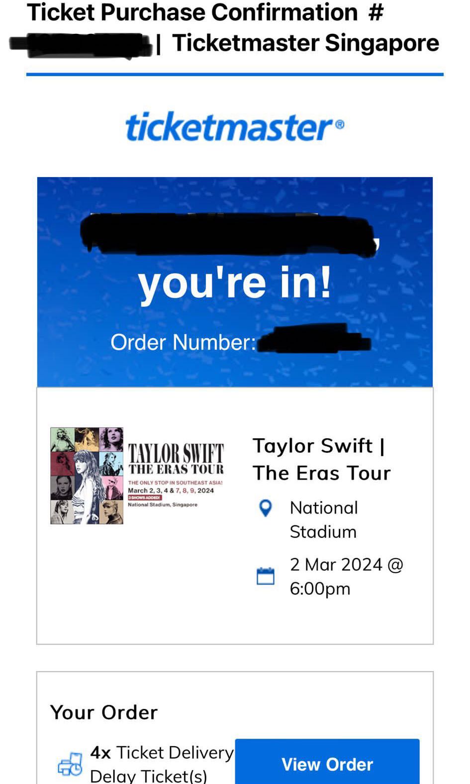 Taylor Swift Concert Cat 3 Tickets (2 March 2024), Tickets & Vouchers