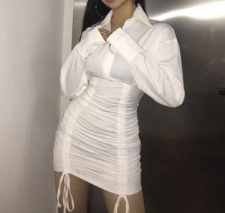 White ruched shop dress long sleeve