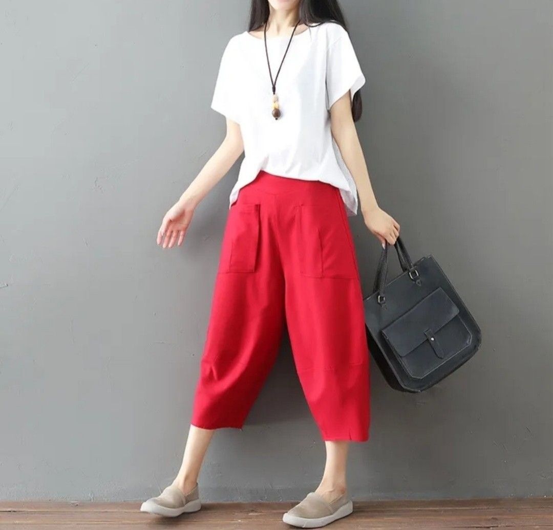 Red linen pants women hotsell