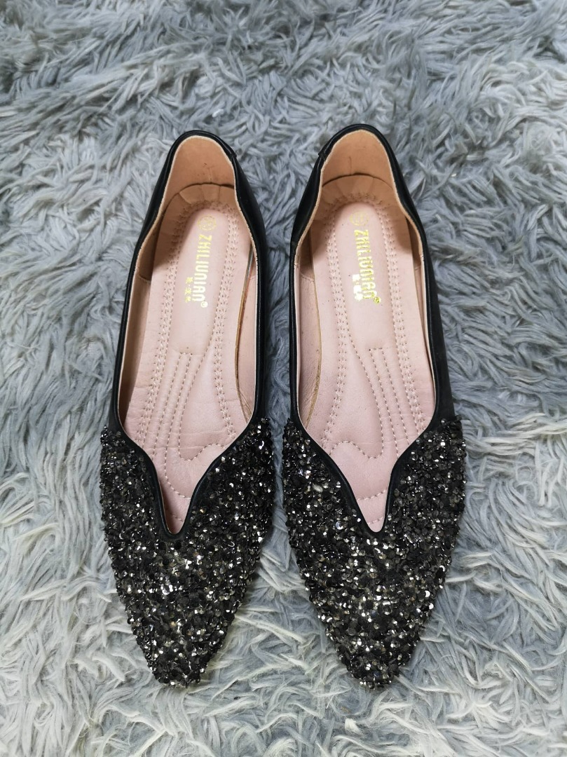 Zhiliunian Black Glittered Flat Shoes Women s Fashion Footwear