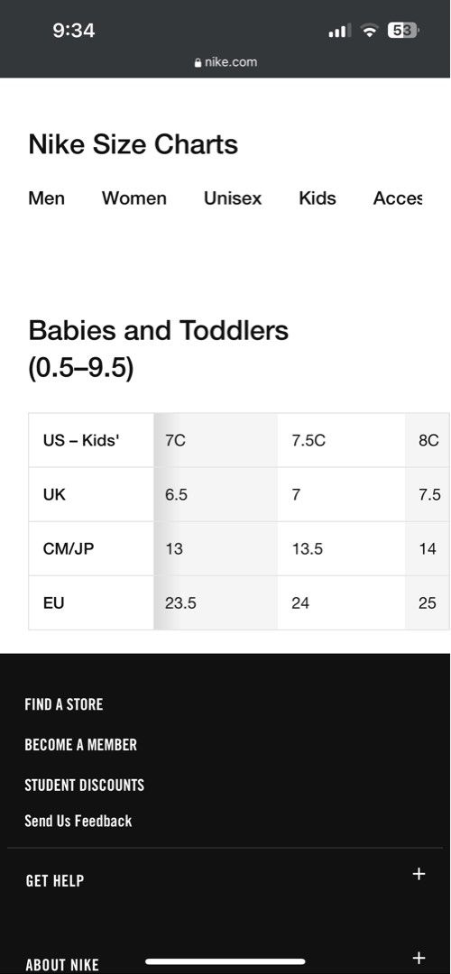Nike td size chart online