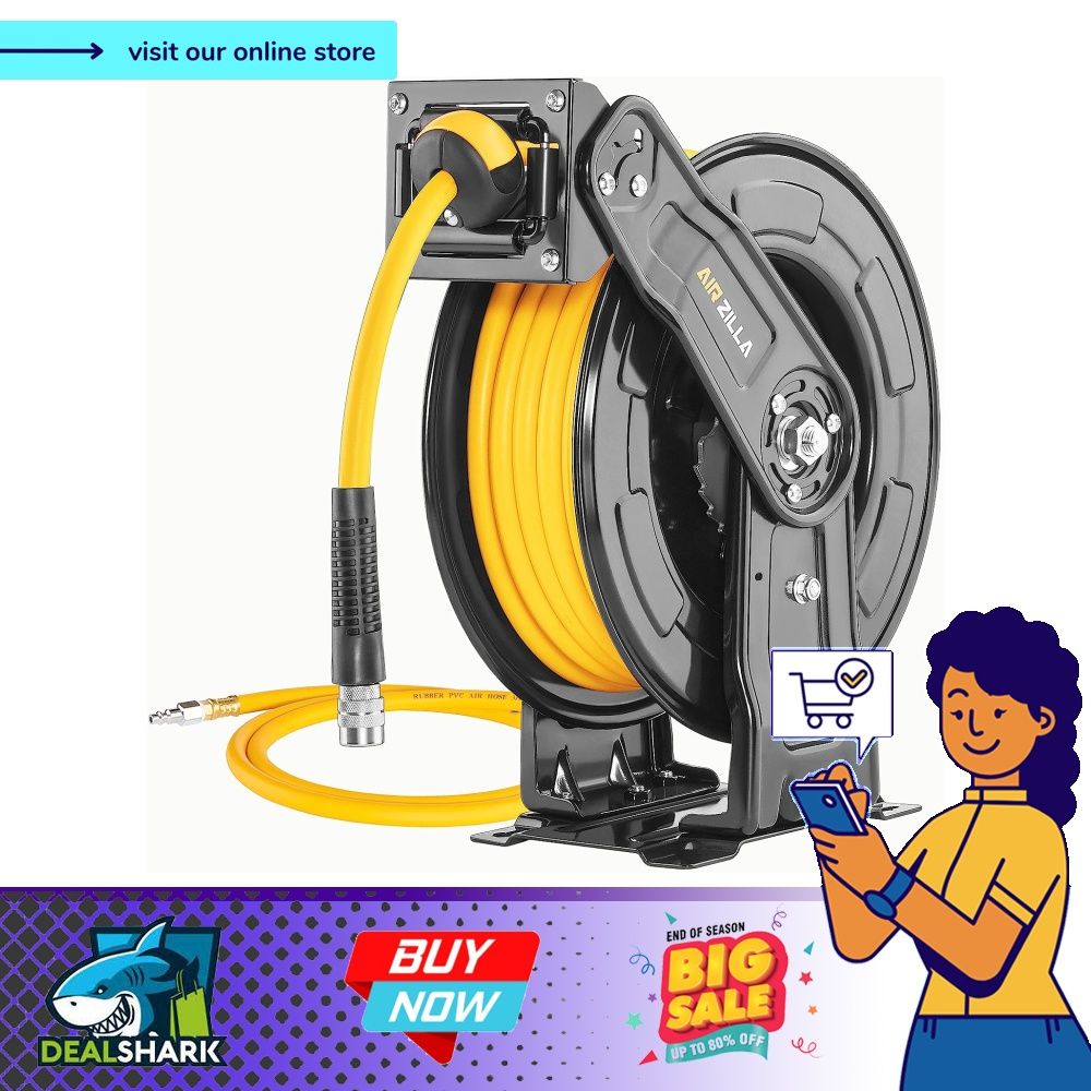 AIRZILLA Retractable Air hose reel 3/8 Inch x 50 ft Flex Hybrid Air Hose,  Air compressor Hose Reel with 6 ft Lead in, Quick Connect, Mounted 180°  Swivel, 300PSI, Furniture & Home