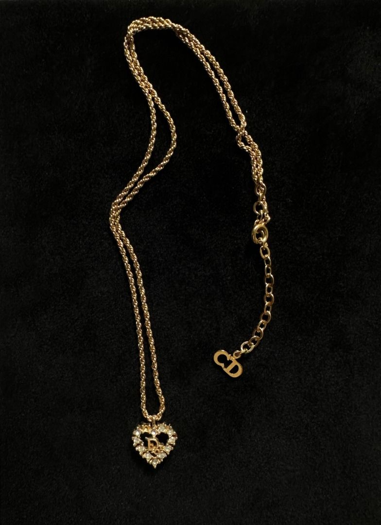 Authentic Vintage Christian Dior Rhinestone Heart Oblique Logo Necklace in Gold