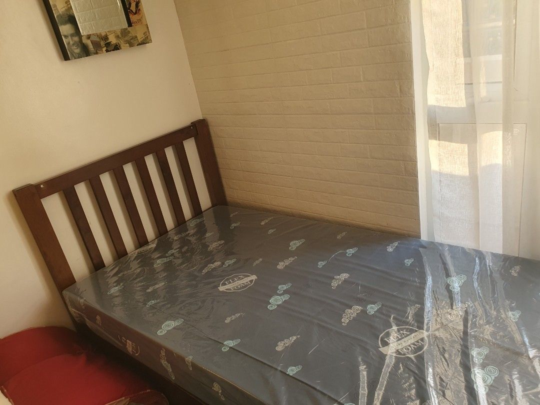Bed Frame with Mattress (Category: Bed Frames & Mattresses) located in San Juan City. Submitted by decml (Listing ID 1241708531, Image 2). Description: Louisiana Single Bed 36×75 Flex Foam with Poly Cover 6×36×75.