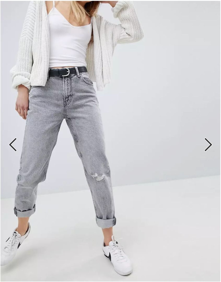 Bershka] Ripped Mom Jean In Grey, Women's Fashion, Bottoms, Jeans