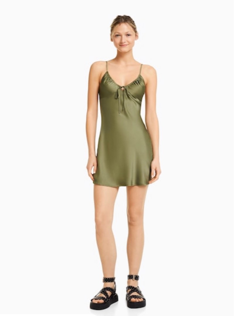 satin dress bershka Bershka + Satin Dress with Side Gathered Detail